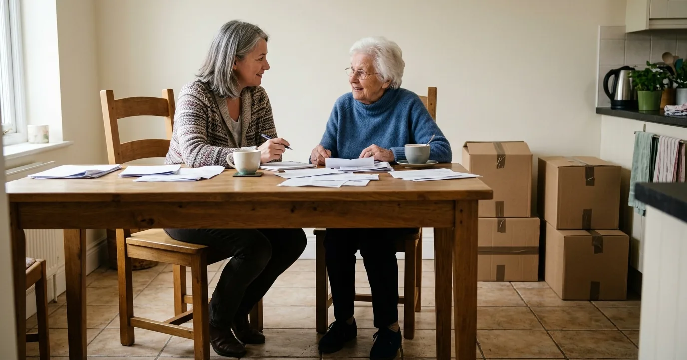 Two women at a kitchen table with papers and moving boxes