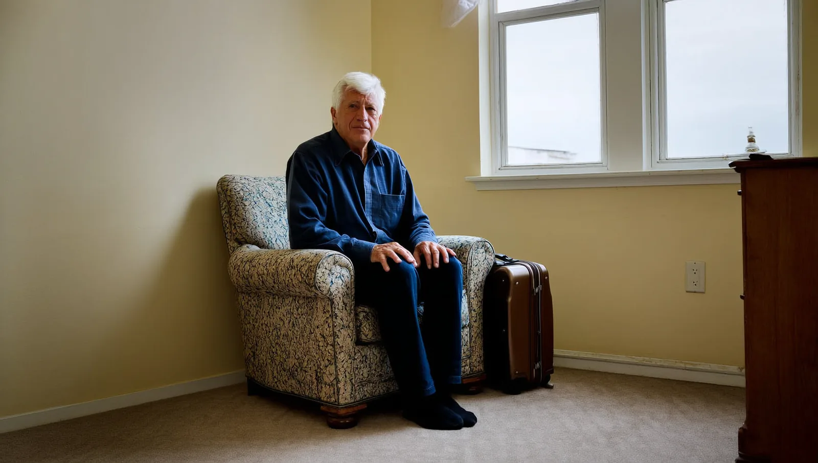 Older man seated in an armchair beside a window