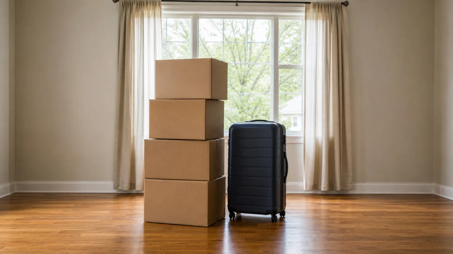 Moving boxes and a suitcase in an empty living room