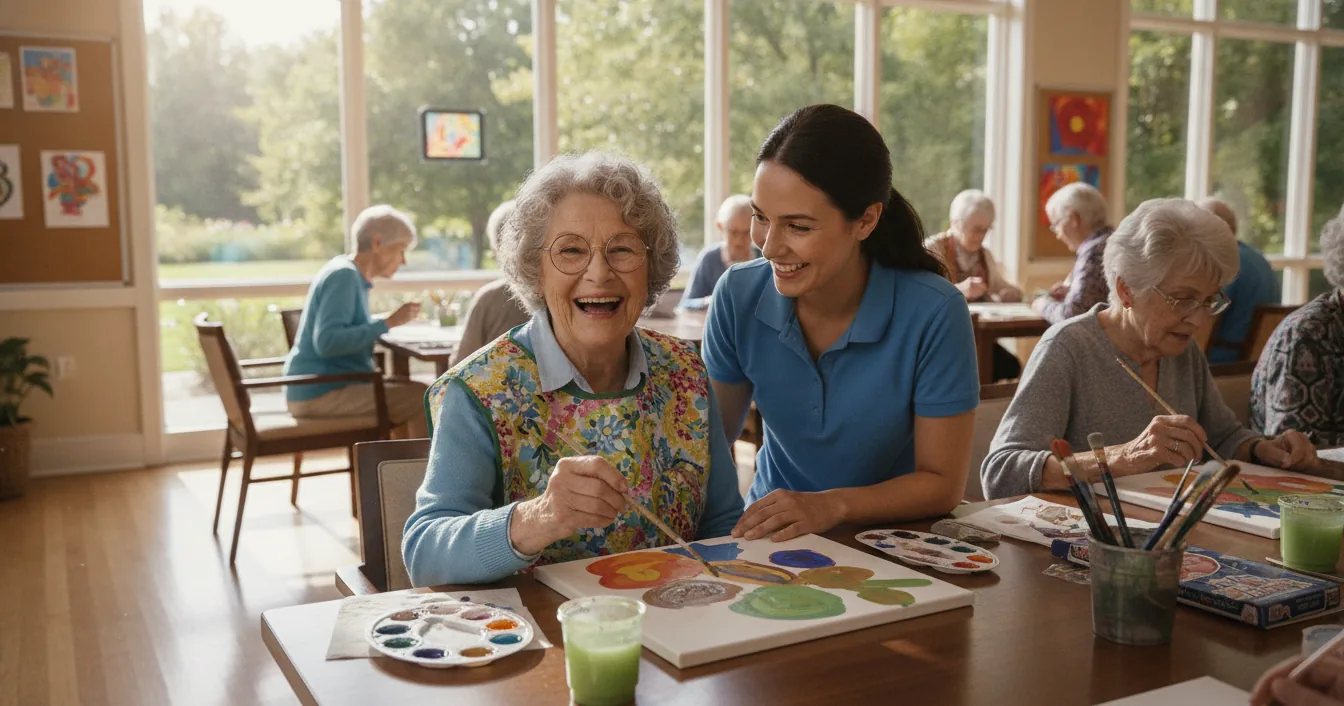 A smiling older woman taking part in a group activity at an adult day health center while a caregiver assists nearby.