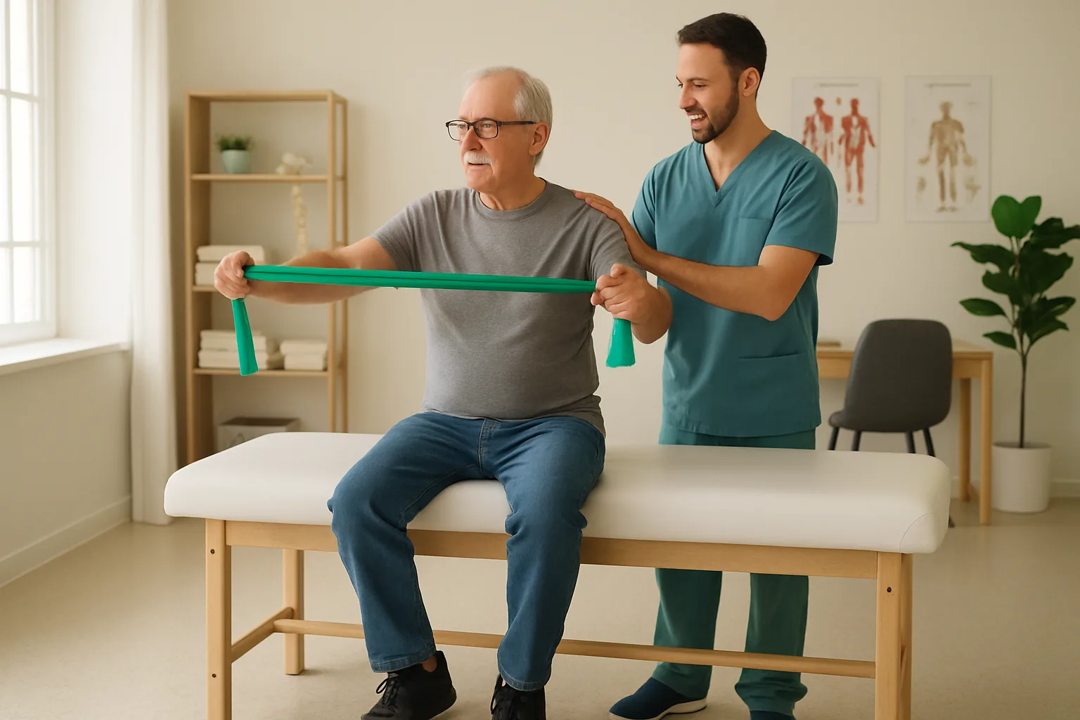 A physical therapist helping an older man do a seated resistance-band exercise in a bright therapy room.