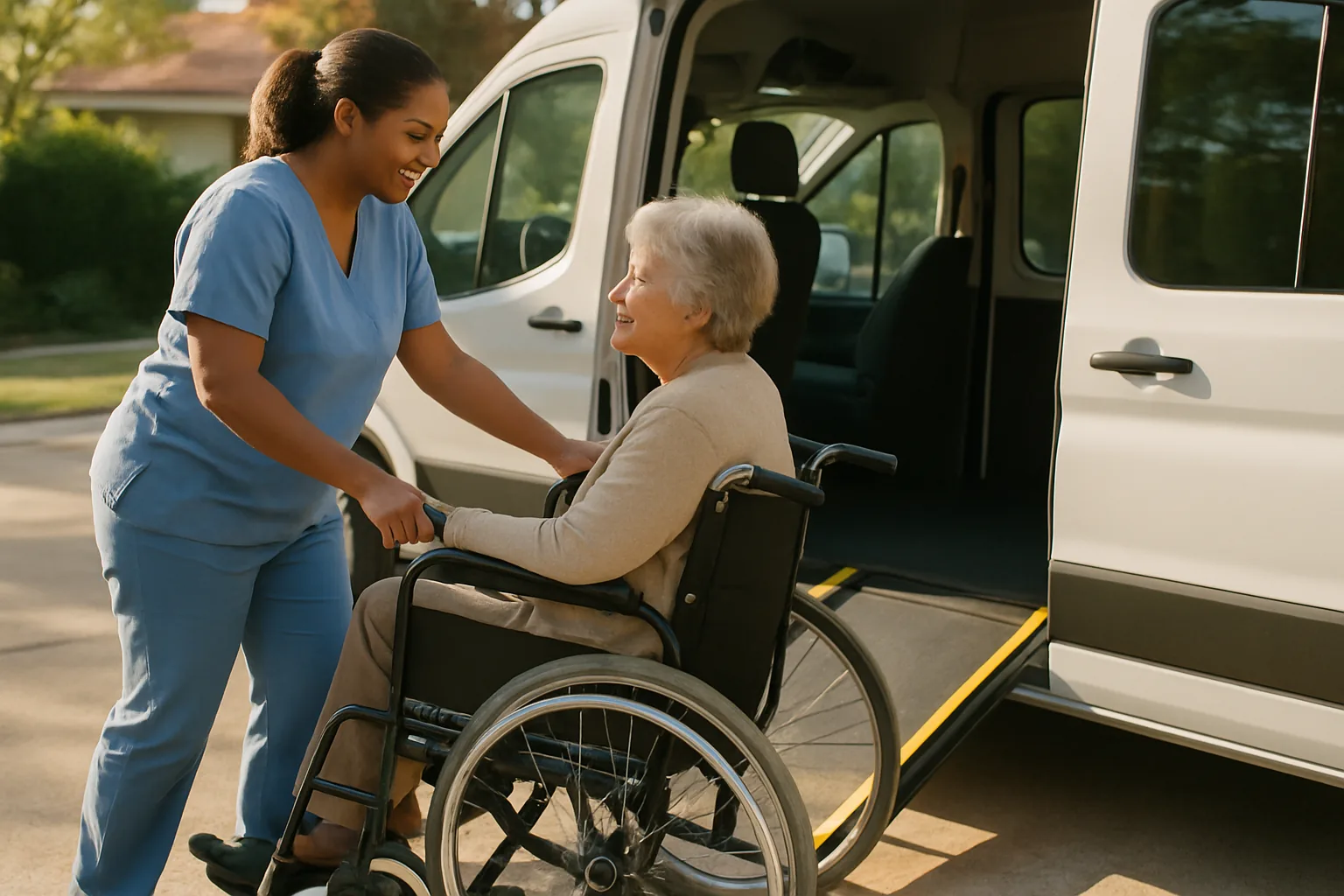 A care aide helping an older woman into a wheelchair-accessible van outside her home on a sunny morning.