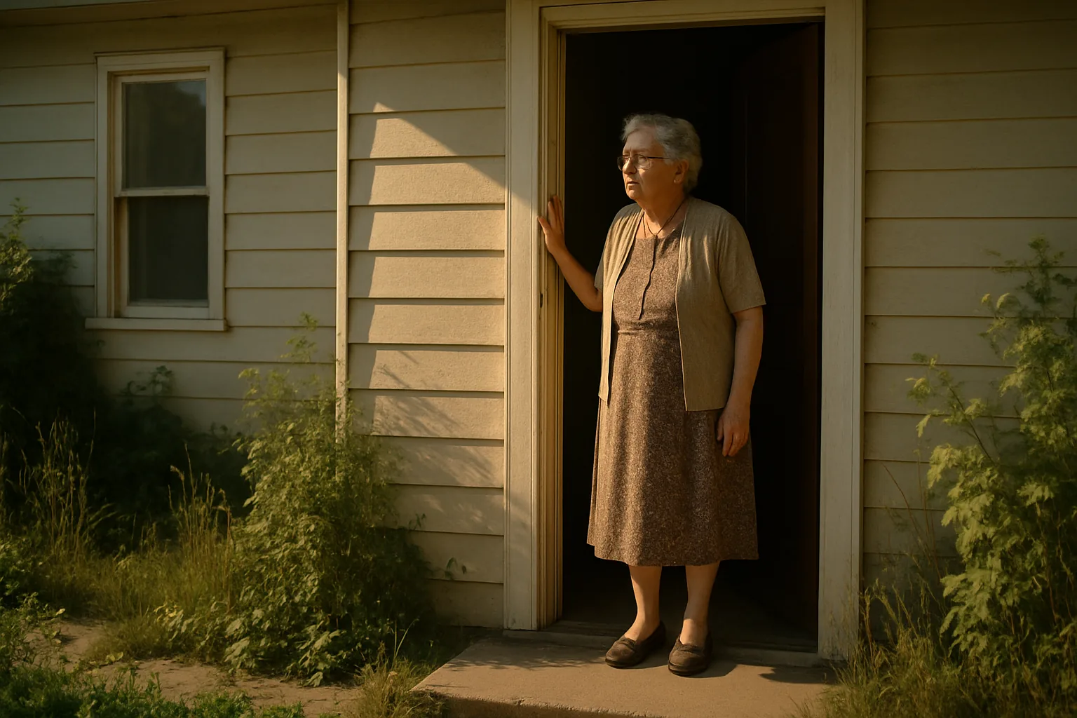 An elderly woman standing in the doorway of her longtime house, one hand on the frame, looking out at an overgrown front garden.