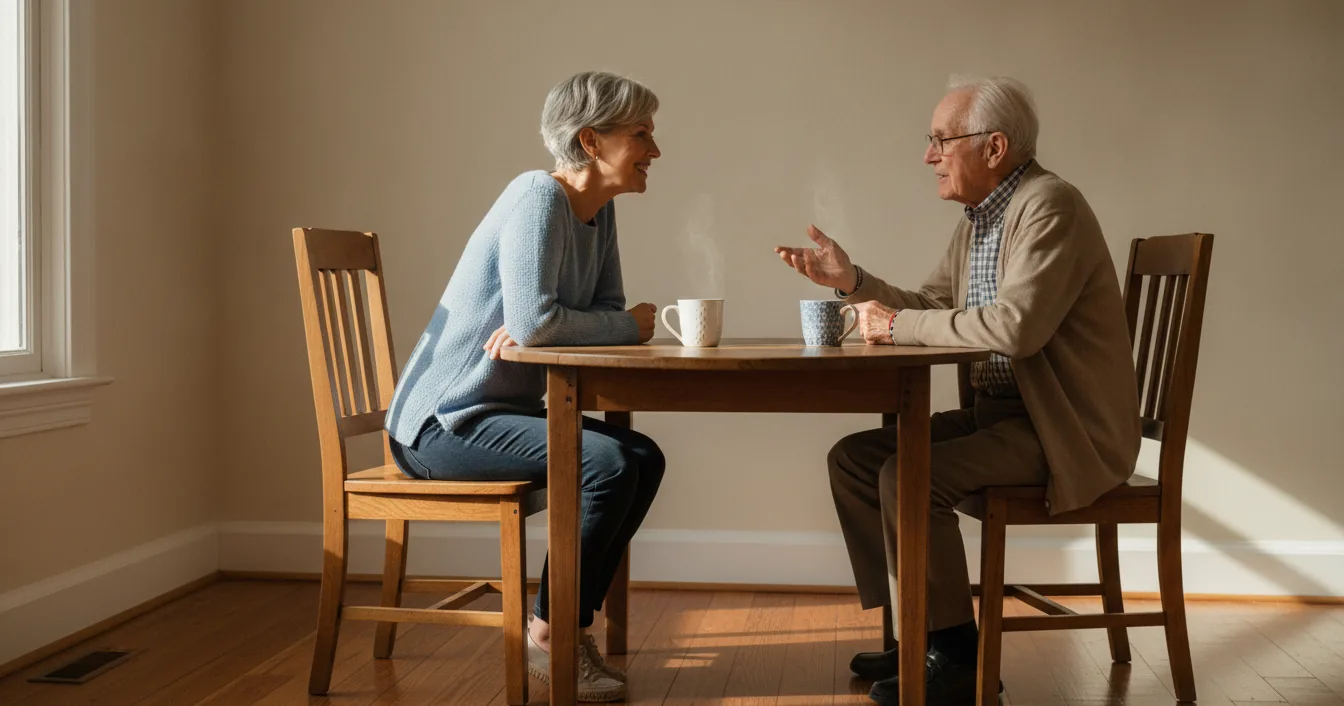 An adult daughter and her elderly father sitting across a kitchen table with mugs of tea, talking in warm morning light.