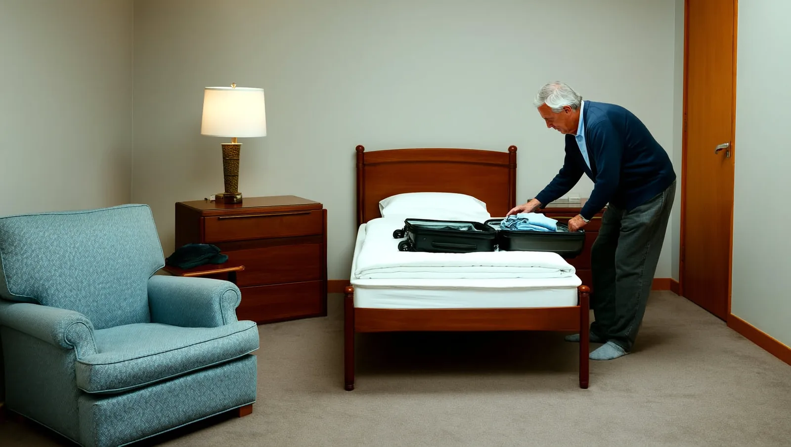 An older man in a cardigan unpacking a suitcase onto a made bed in a bright, homey room during a short stay.