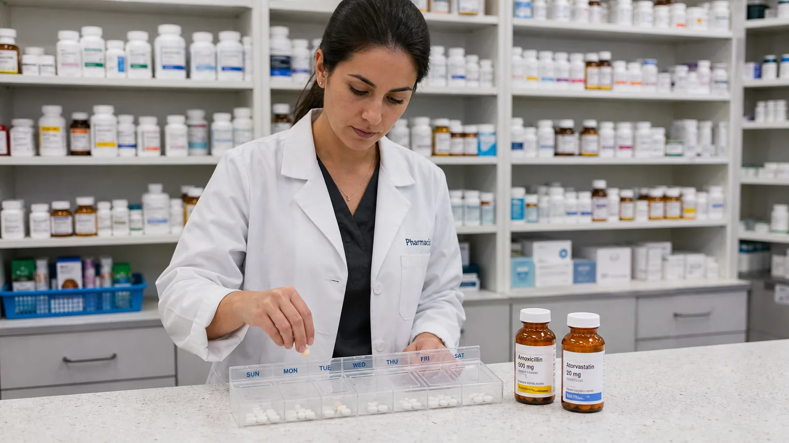 Pharmacist filling a multi-compartment pill tray at a counter