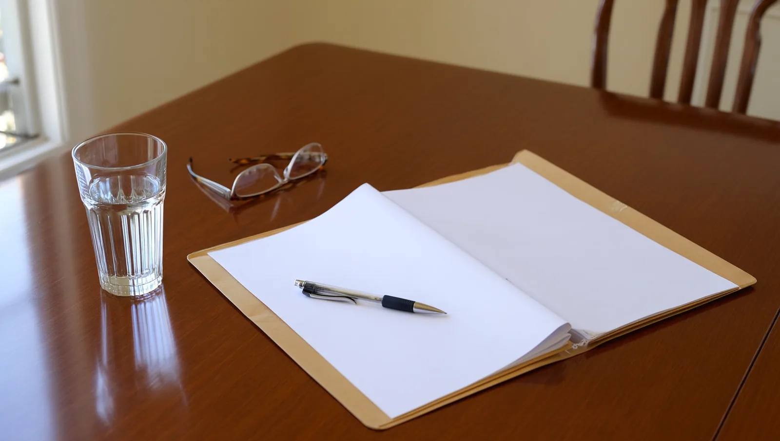Open folder, pen, reading glasses on a wooden table