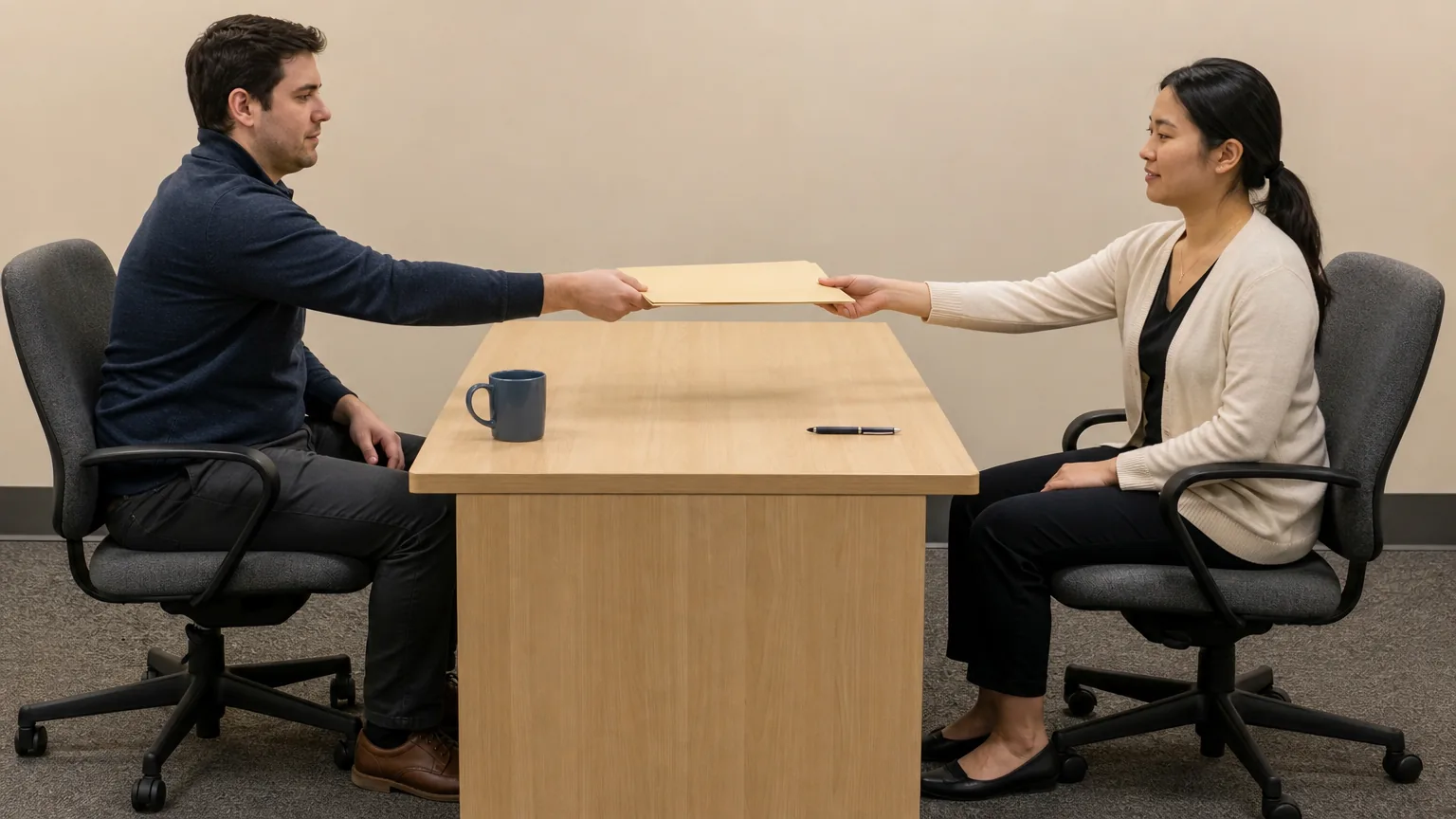 Two people passing a folder across a desk