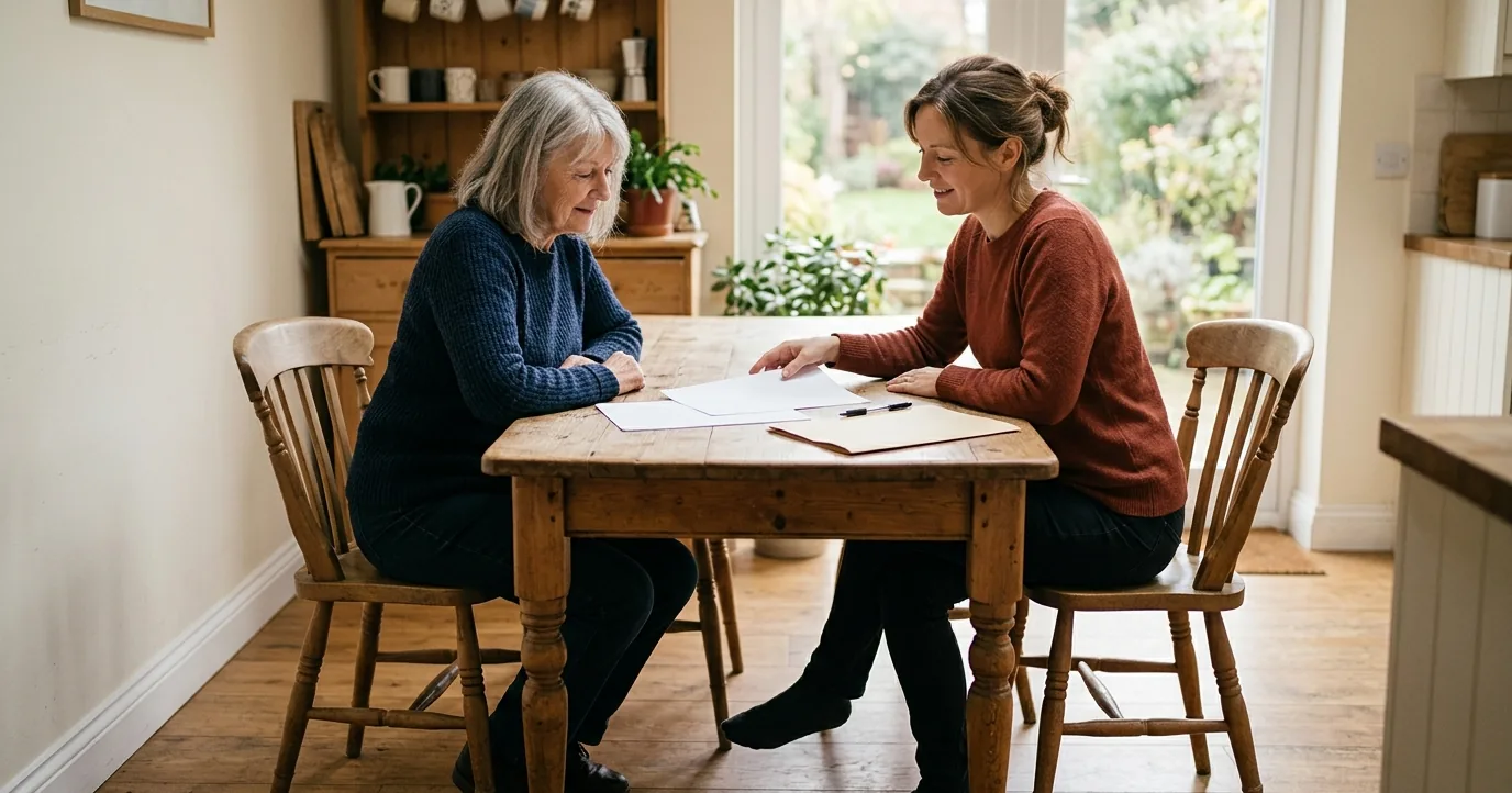 Older woman and adult daughter with papers at a kitchen table