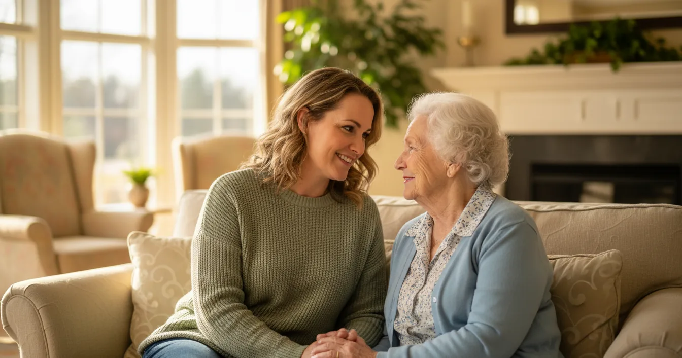 An adult daughter and her elderly mother sitting together on a sofa in a sunlit senior living lounge, talking calmly about the road ahead.