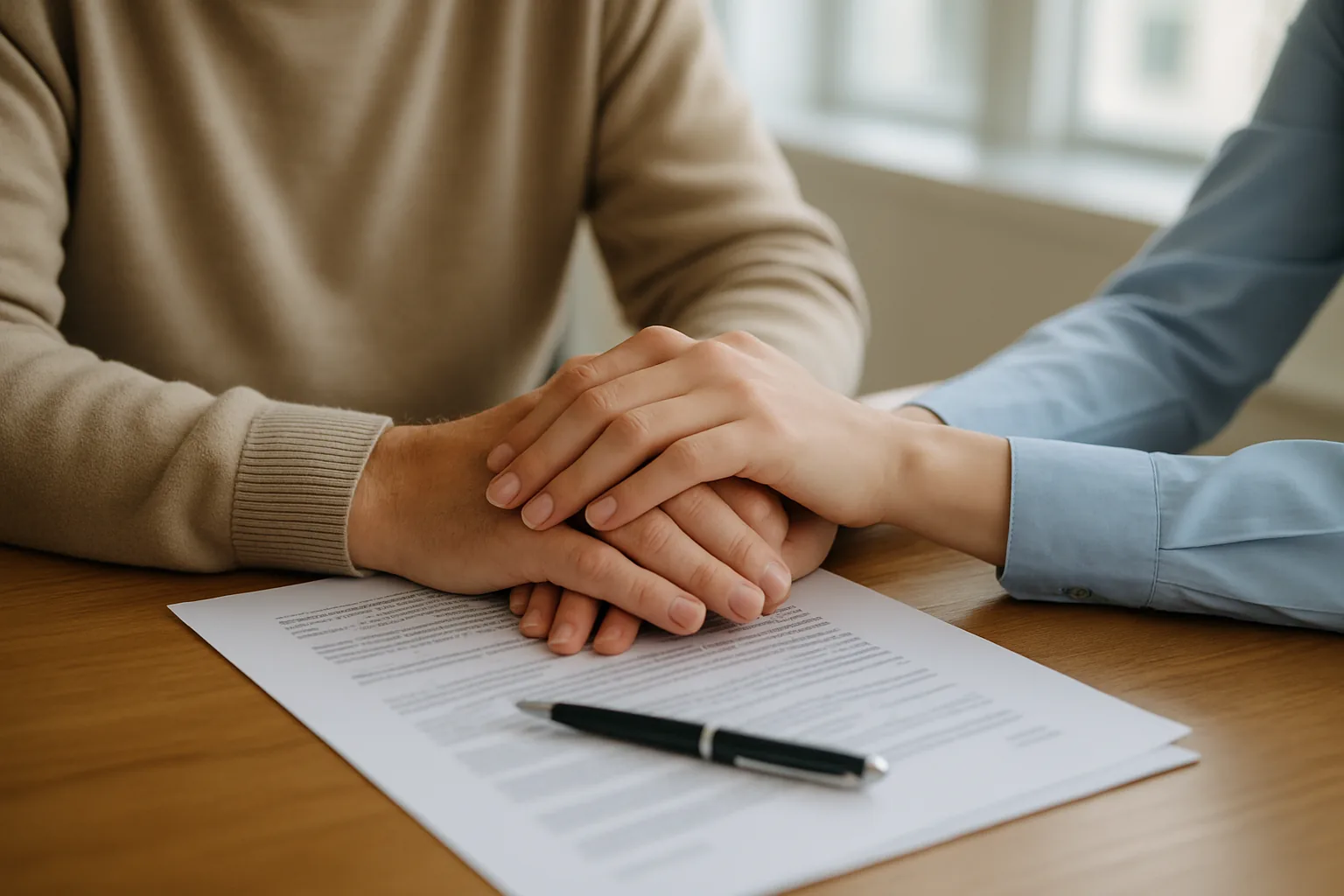 An older man's hands and his adult daughter's hands resting over a printed admission agreement and a pen on a table.