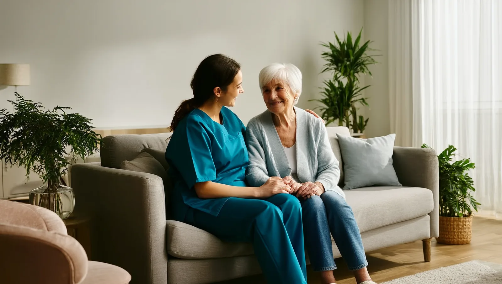 A caregiver sitting beside an elderly woman on a sofa in a sunlit living room, holding her hand and talking warmly.