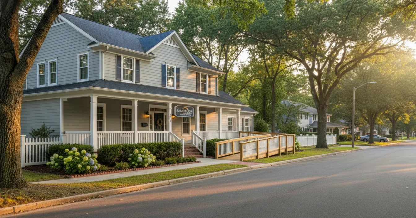 A cozy single-family house on a quiet residential street in warm afternoon light, the kind of home converted into a small senior care residence.