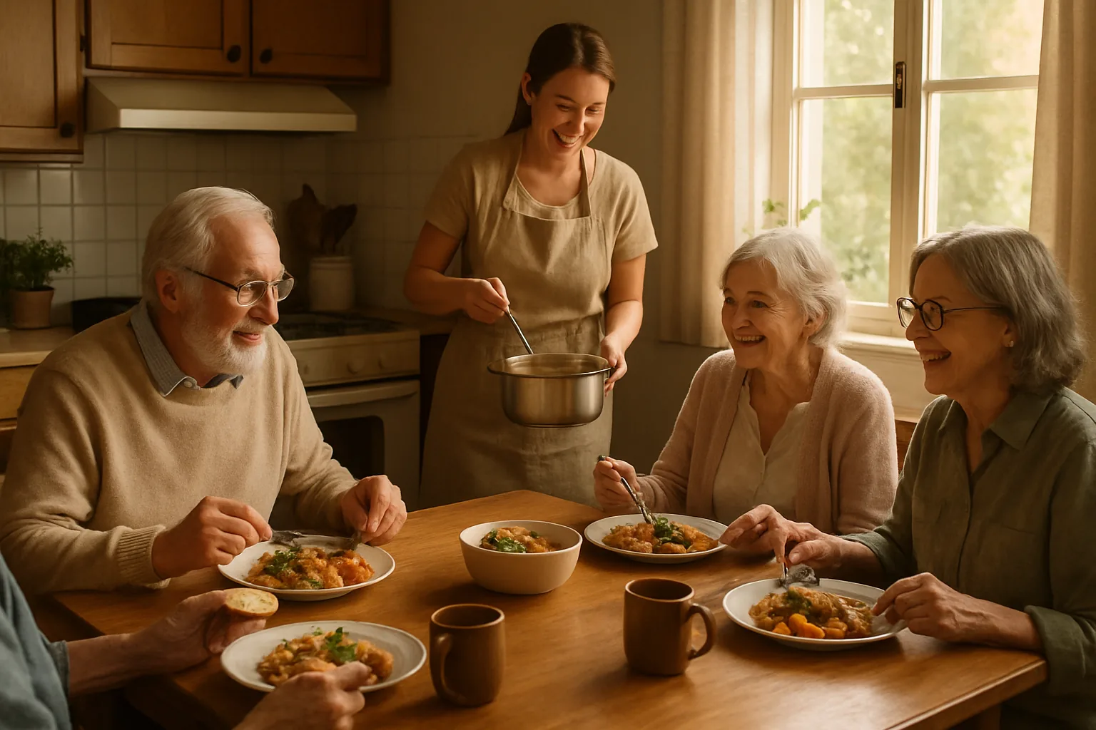 Older adults sharing a home-cooked meal around a wooden kitchen table while a caregiver serves from the stove.