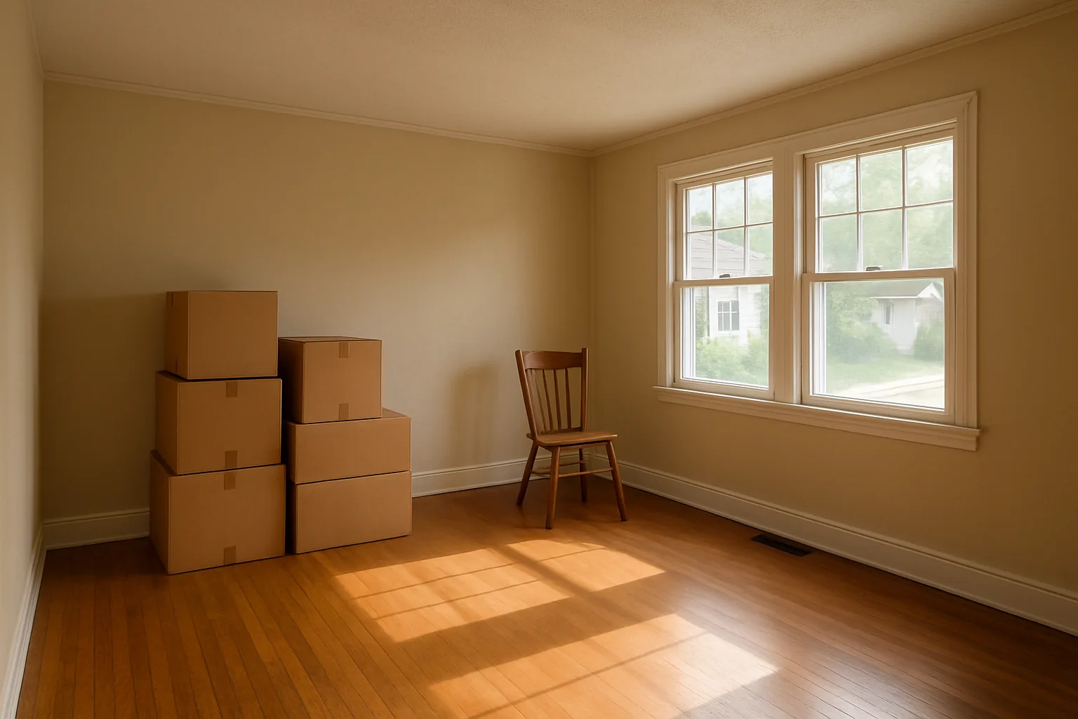 A nearly empty living room in an older suburban home with cardboard moving boxes stacked on bare hardwood floors in morning sunlight.
