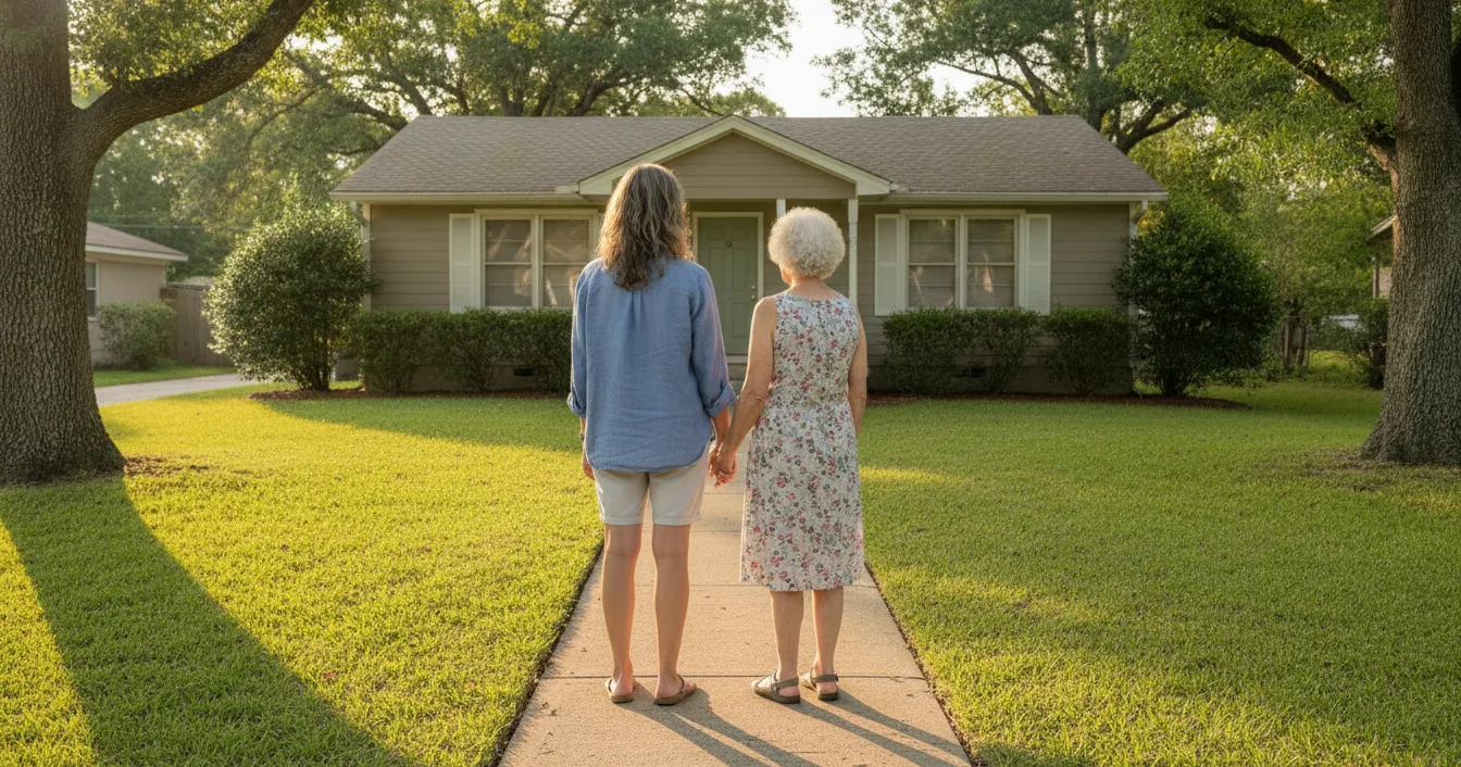 An adult daughter and her elderly mother standing on the front walkway of a modest suburban house in late afternoon light.