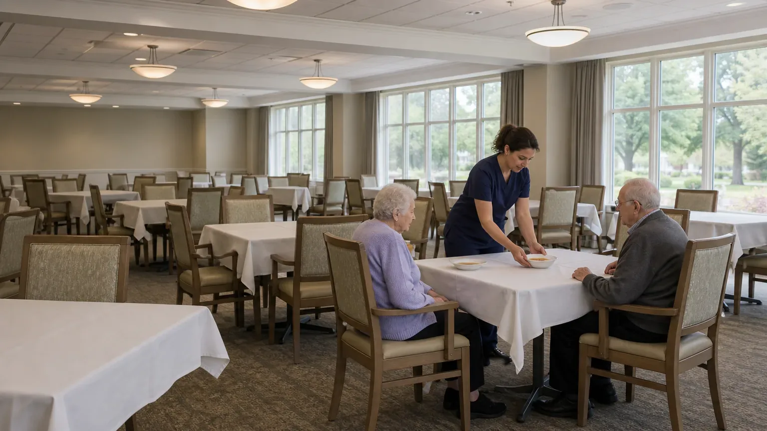 Caregiver serving soup in a nearly empty dining room