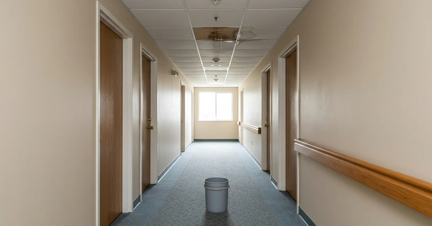 Bucket under a ceiling leak in a senior living hallway