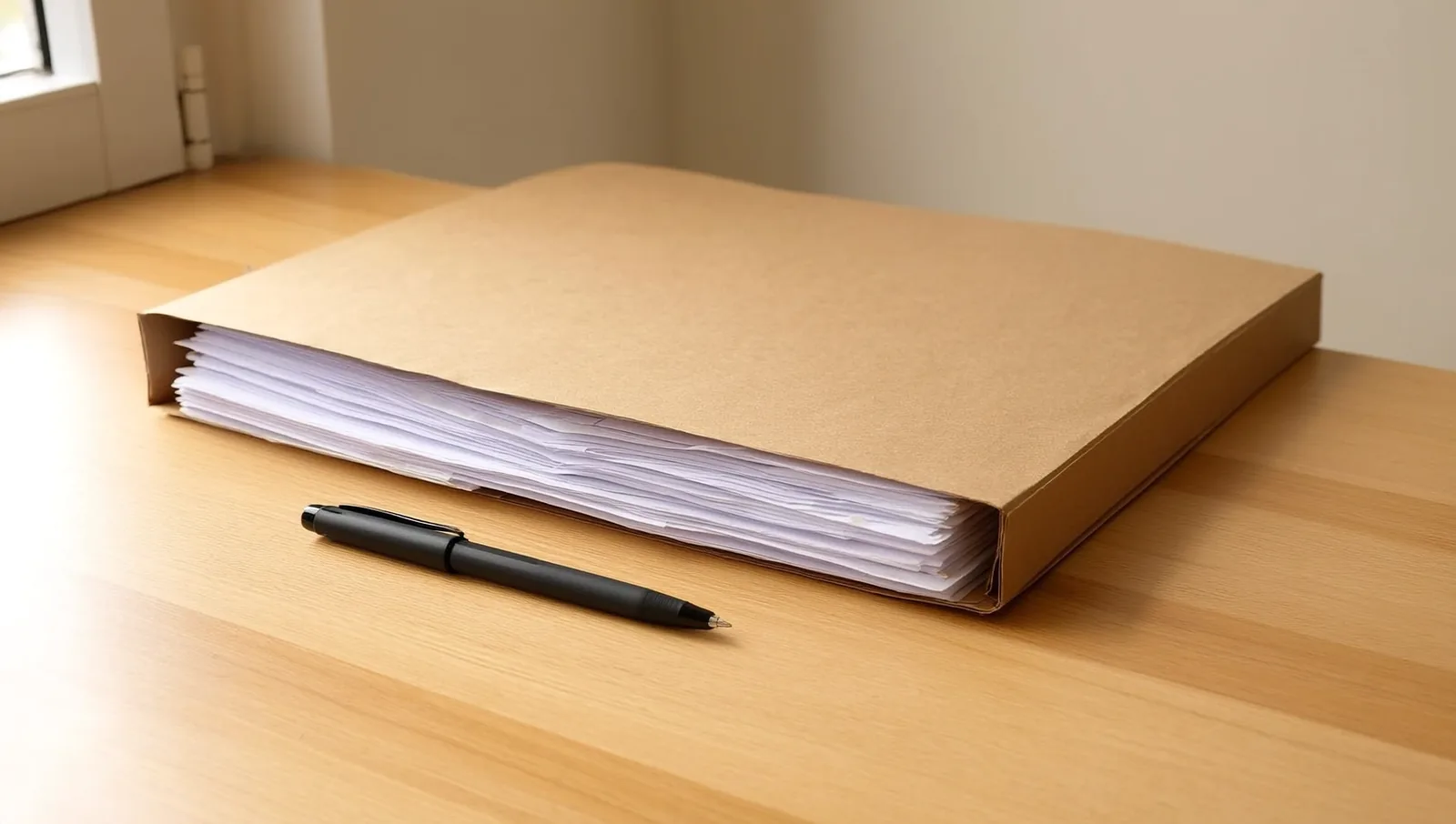 File folder of papers and a pen on a table