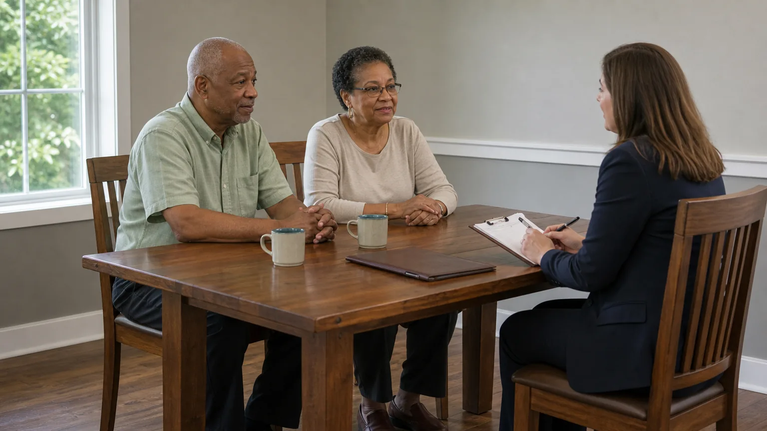 An older couple talking with a staff member at a table