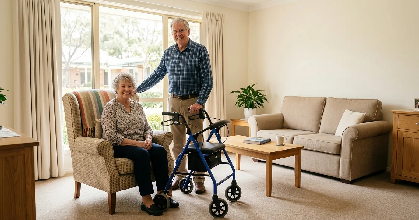 Older couple in an apartment living room with a walker