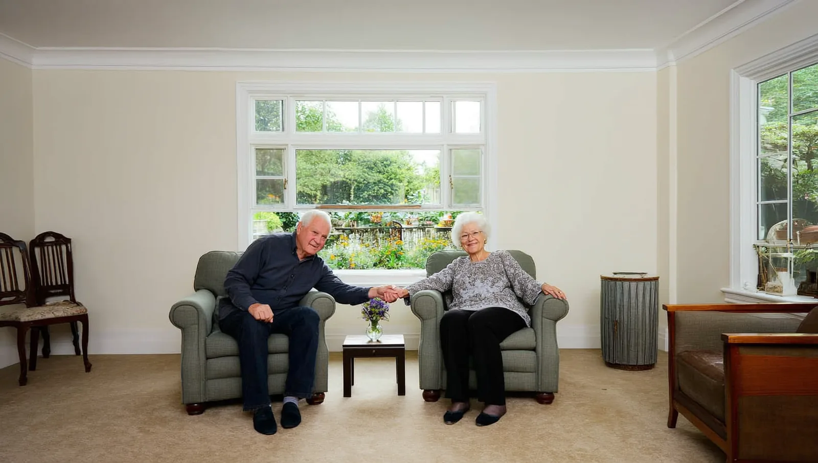 An older man and woman holding hands in armchairs
