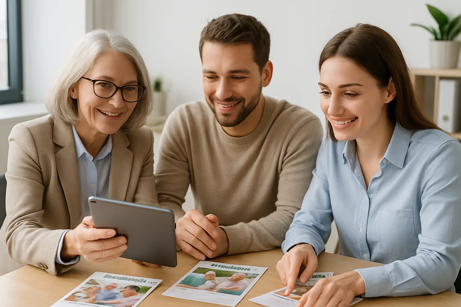A senior care advisor reviewing printed community brochures and a tablet with two adult children at a bright office table.