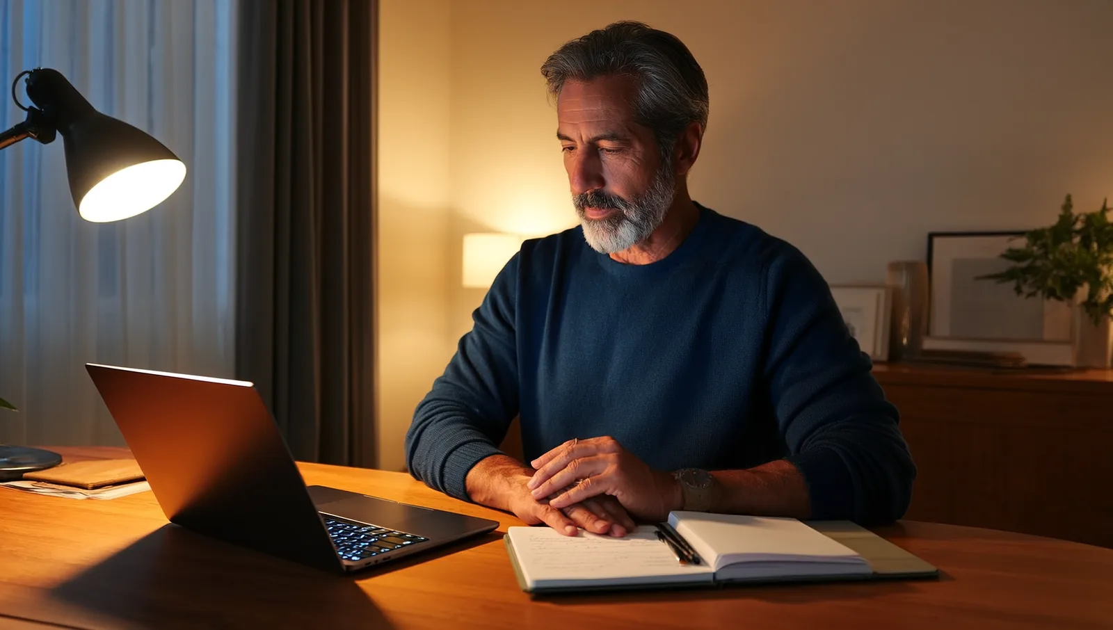 A middle-aged man at a home desk in the evening comparing handwritten notes beside an open laptop by lamplight.
