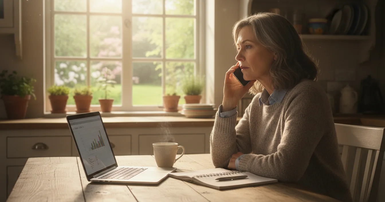 An adult daughter sitting at a sunlit kitchen table with a laptop and notepad, holding a phone to her ear with a thoughtful expression.