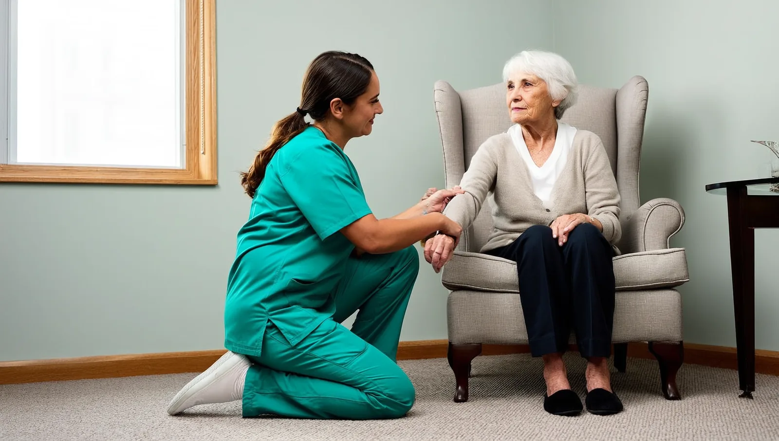 A caregiver helping a seated woman into a cardigan