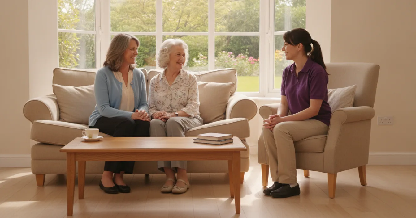 Two women on a sofa talking with a staff member