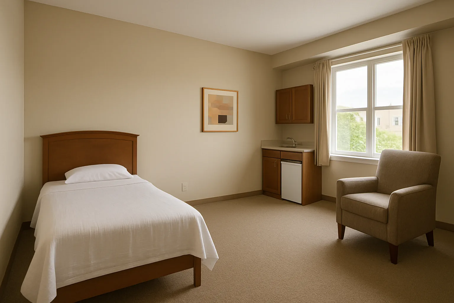 An empty studio apartment with a bed and armchair