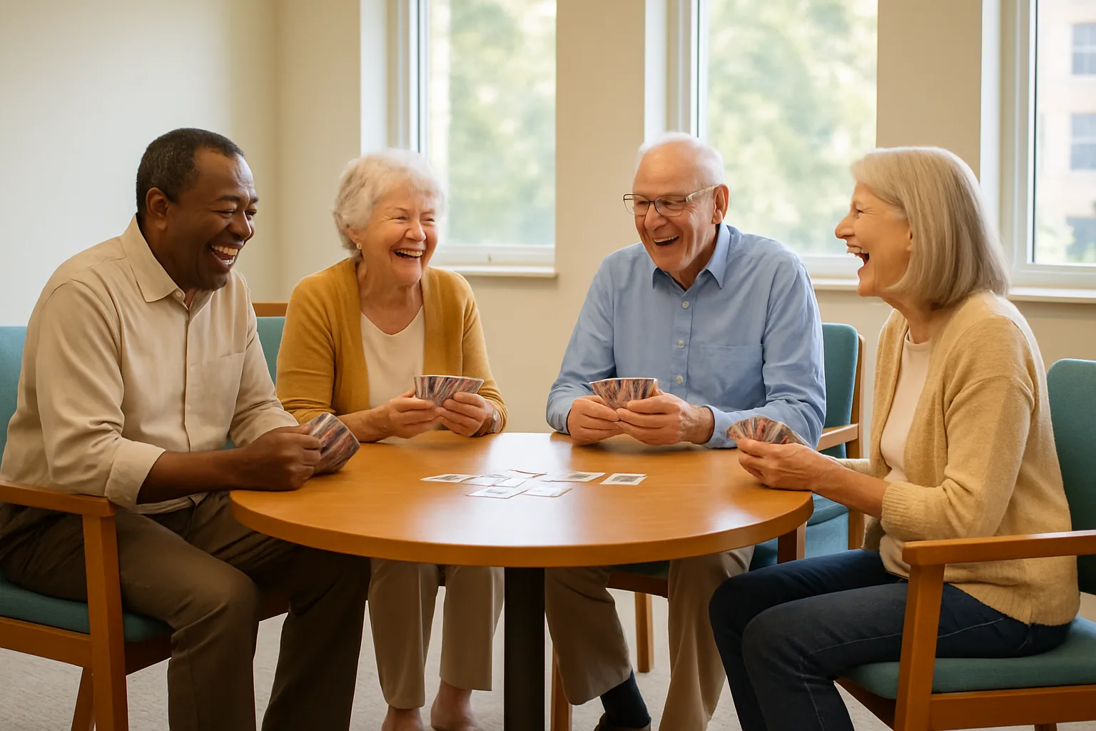 Four older adults laughing over a card game around a small round table in a bright community activity room.