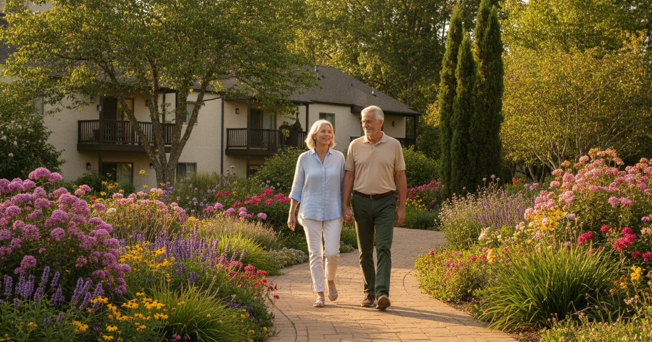 An older couple walking together along a garden path through the landscaped courtyard of a senior living community in late afternoon light.