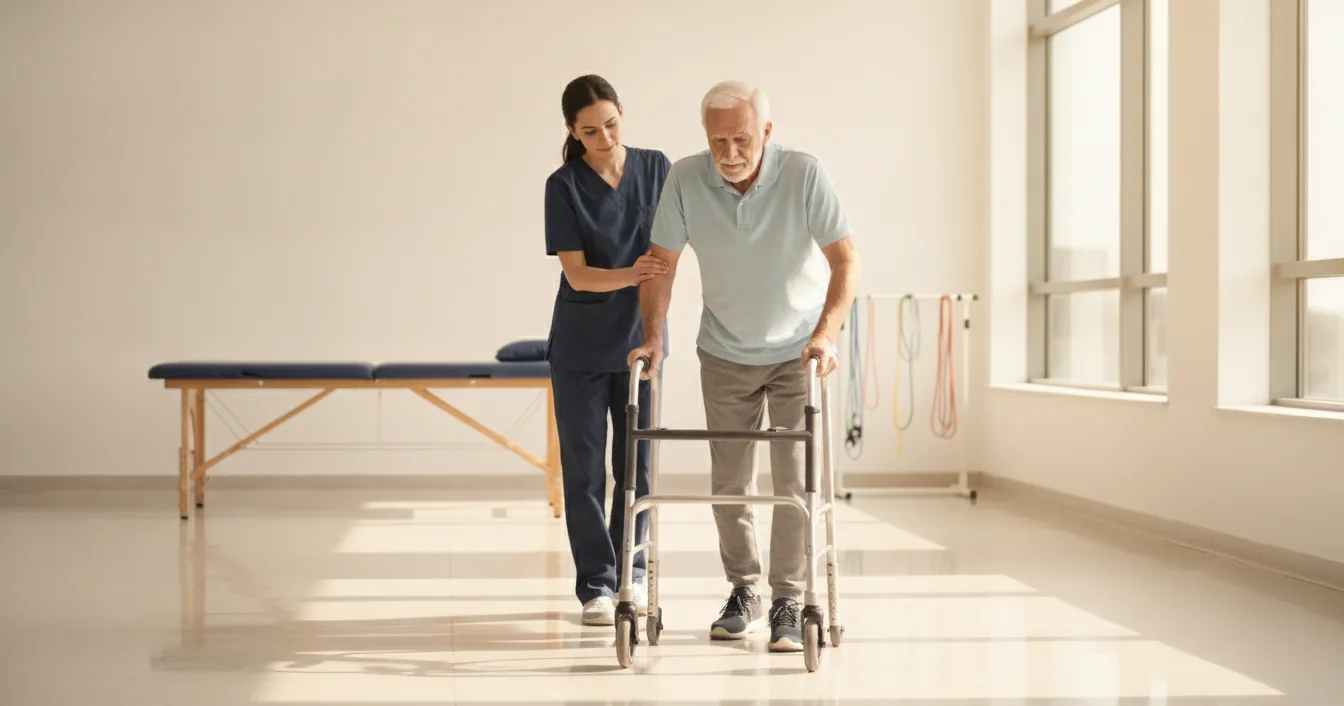 A physical therapist steadying an older man at the elbow as he walks with a wheeled walker in a bright rehabilitation gym.