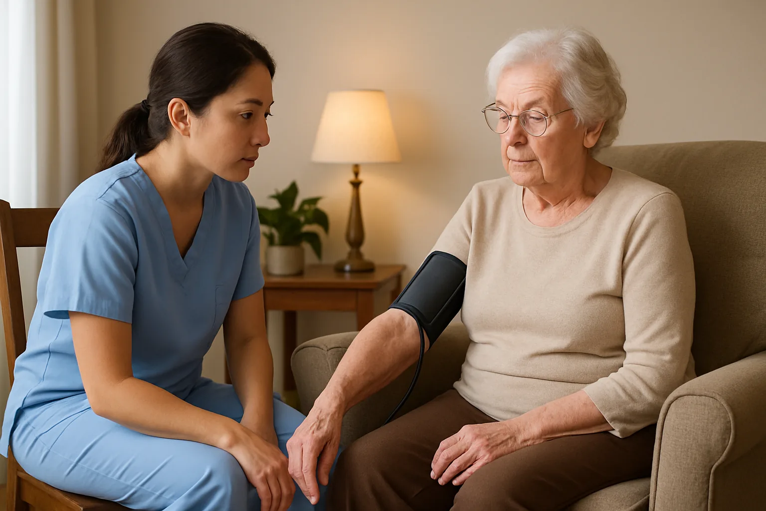 A home health nurse seated beside an older woman in an armchair, taking her blood pressure with a cuff during a visit at home.