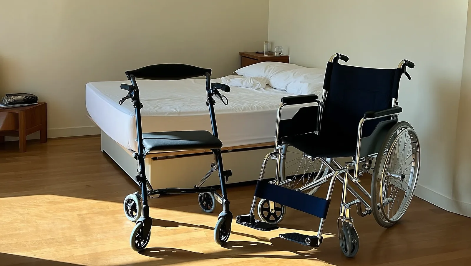 A four-wheeled rollator walker and a folding wheelchair standing side by side on a wooden floor in a sunlit bedroom.